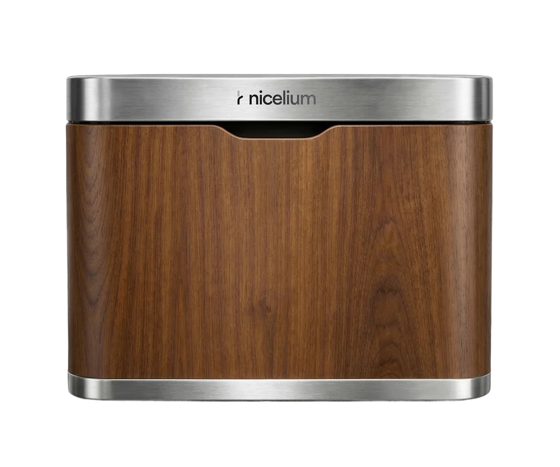 Rectangular stainless steel and wood box with nicelium logo on the top front edge.