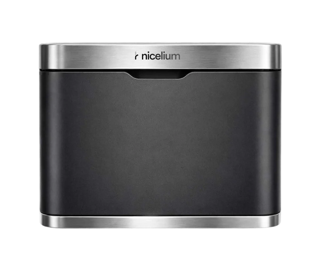 Black and silver rectangular device with a brushed metal top and bottom edge, labeled 'nicelium'.