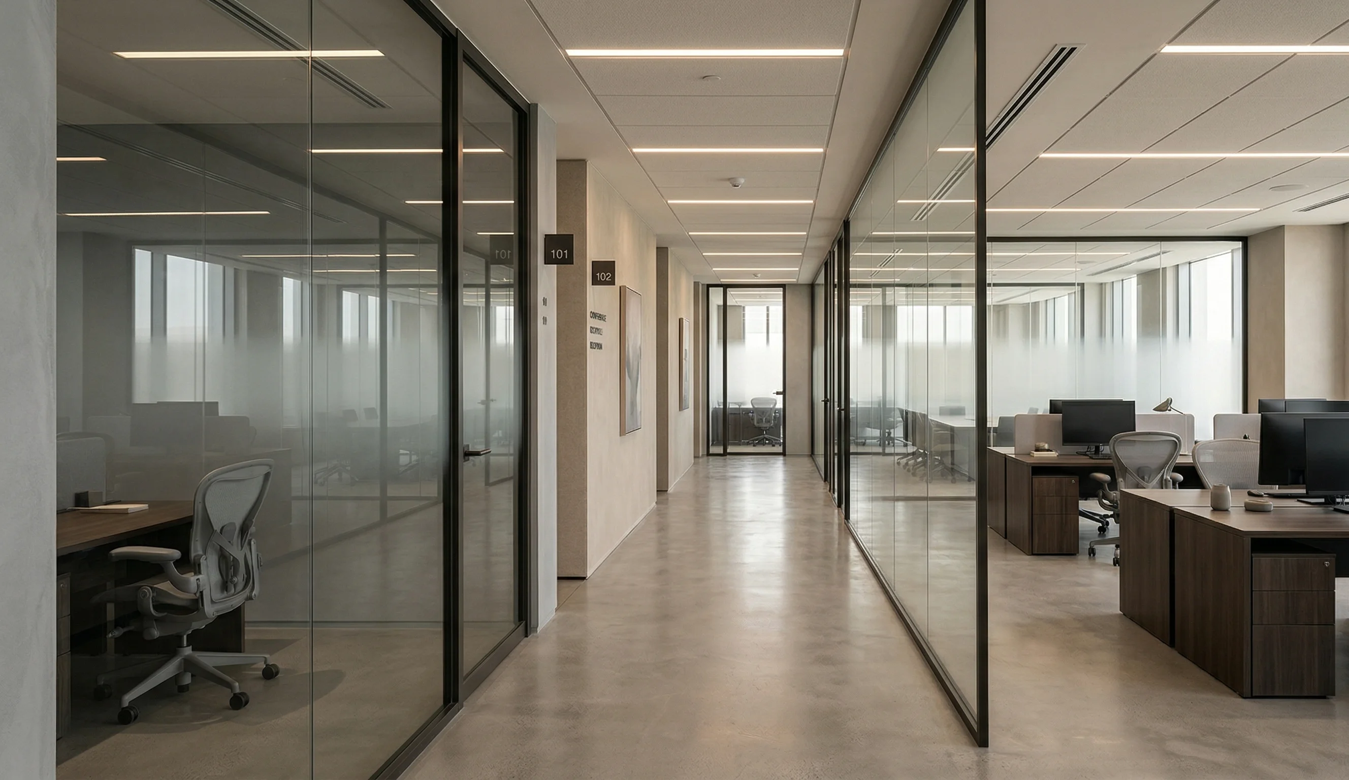 Modern office corridor with glass walls showing empty workstations with computers and ergonomic chairs.
