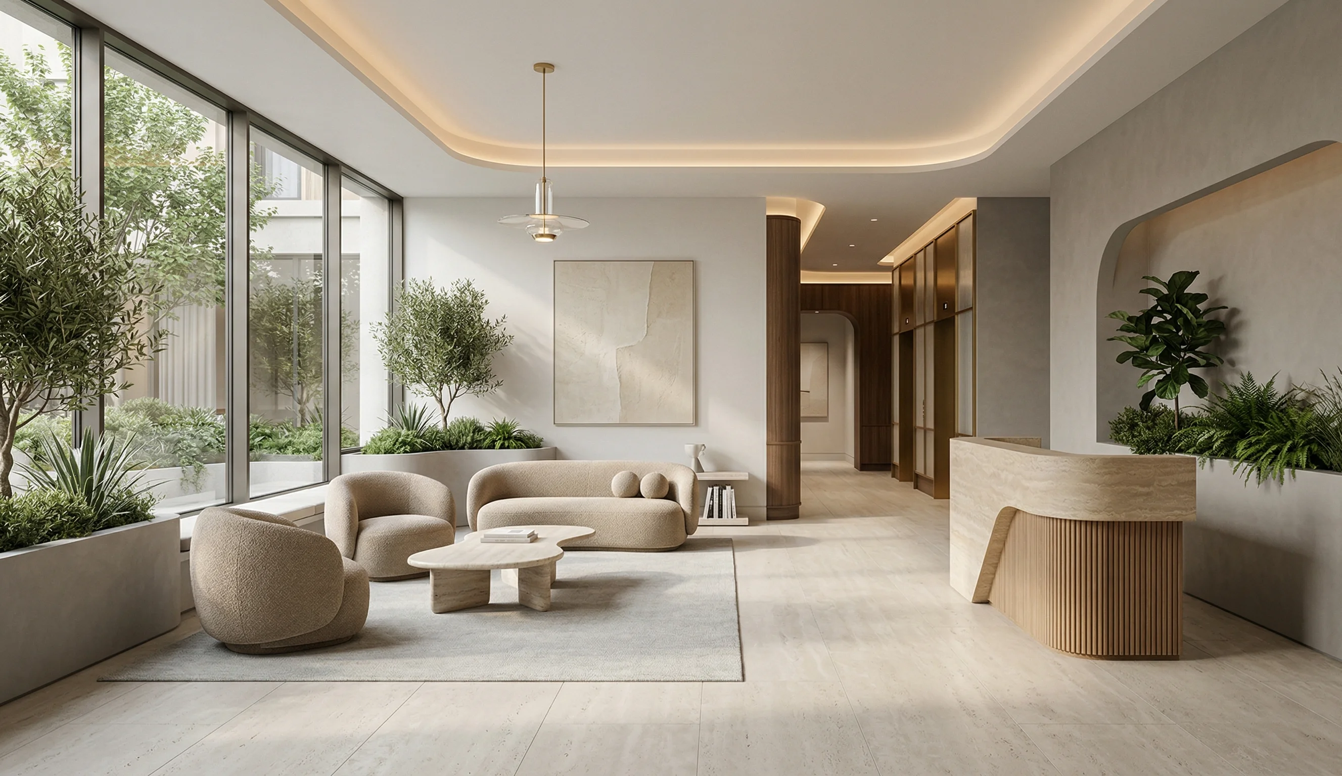 Modern, minimalist lobby with beige curved sofas, a low coffee table, large windows with greenery, and a wooden reception desk.