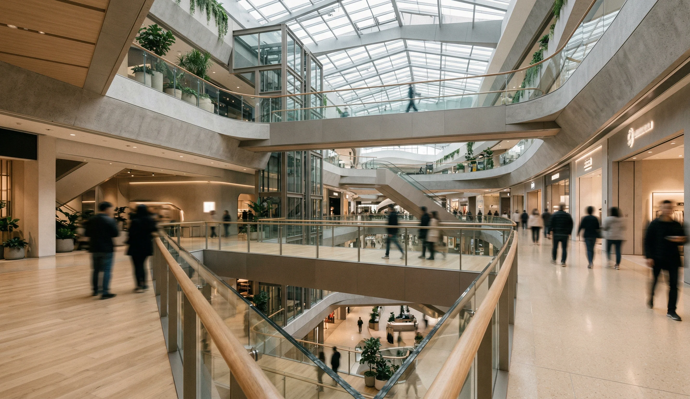Modern multi-level shopping mall interior with glass railings, greenery, and people walking.