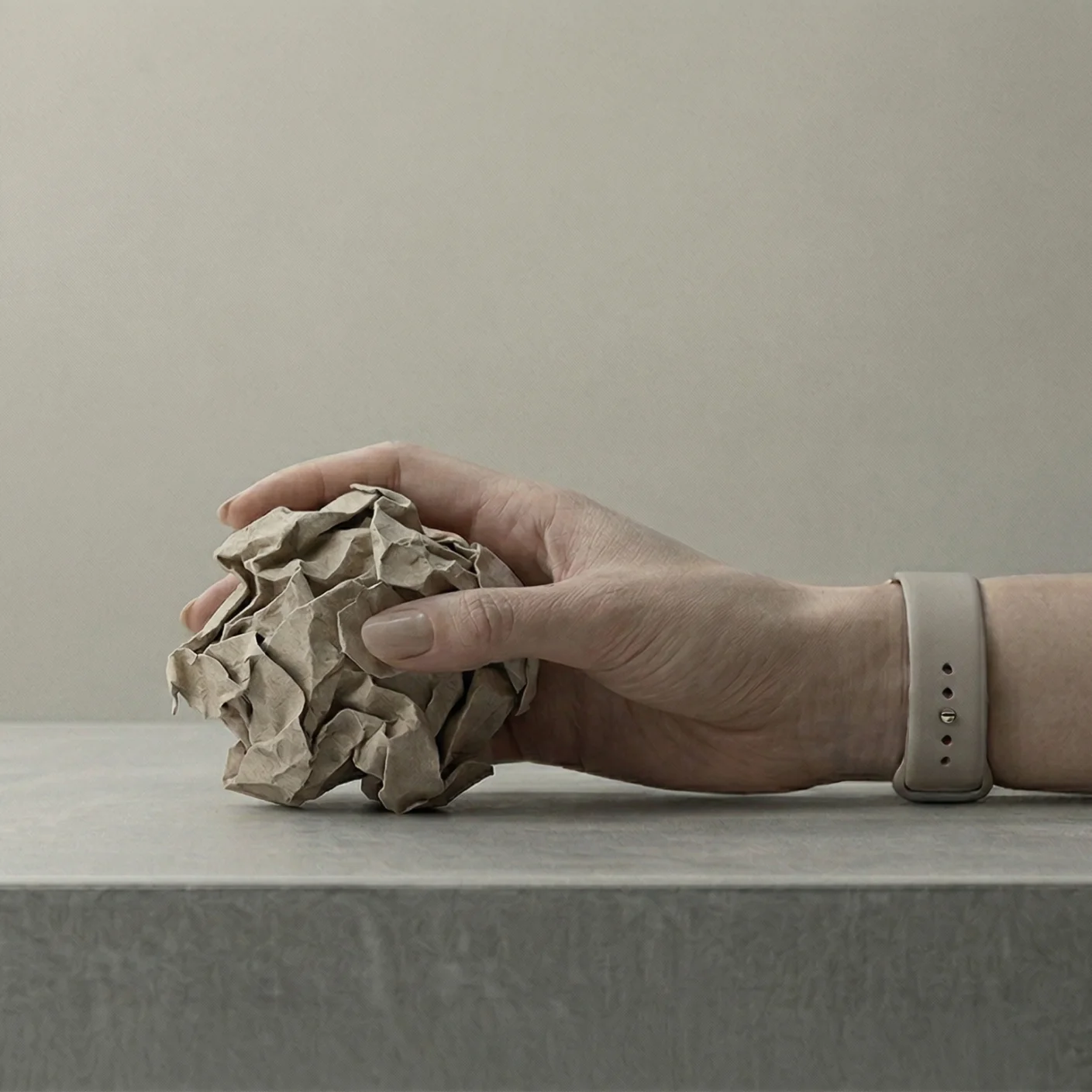 Hand with a beige wristband holding a crumpled piece of brown paper on a gray surface.