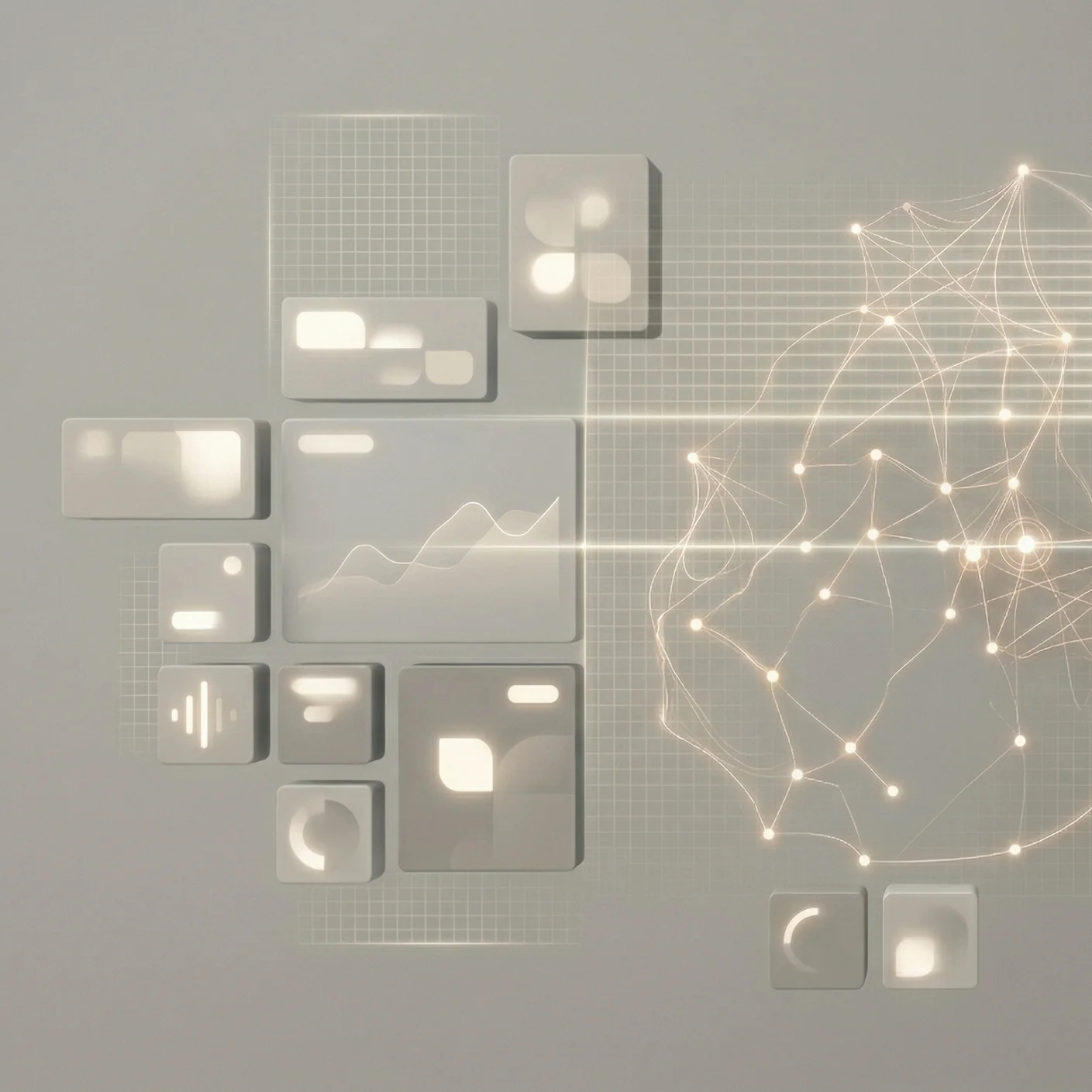 Abstract digital interface with glowing data charts and network node connections on a light background.