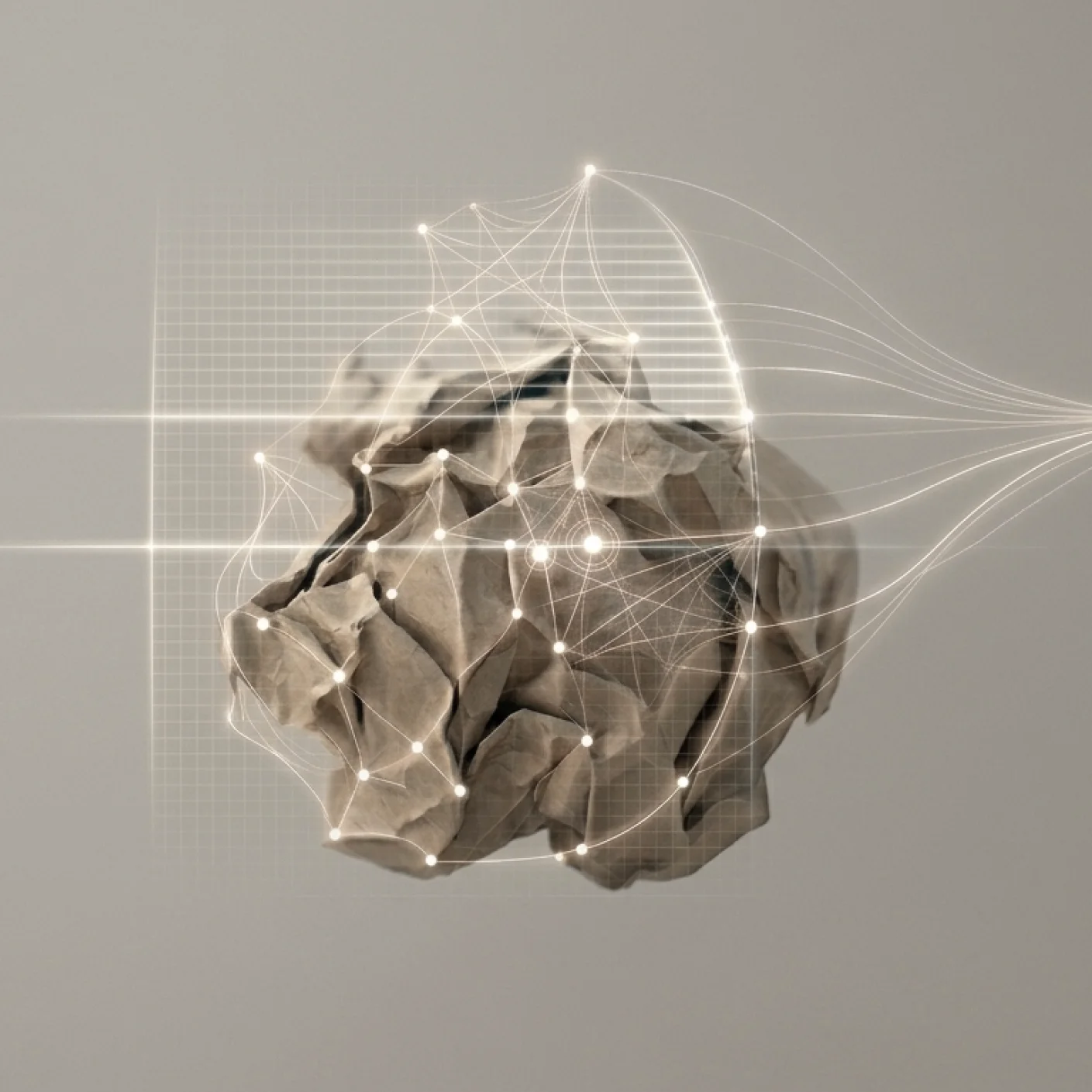 Crumbled brown paper with interconnected glowing nodes and grid lines overlay representing data connections.