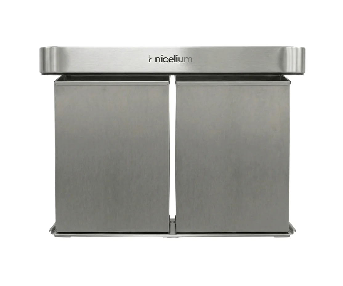 Double stainless steel trash bins with sliding lids labeled nicelium.