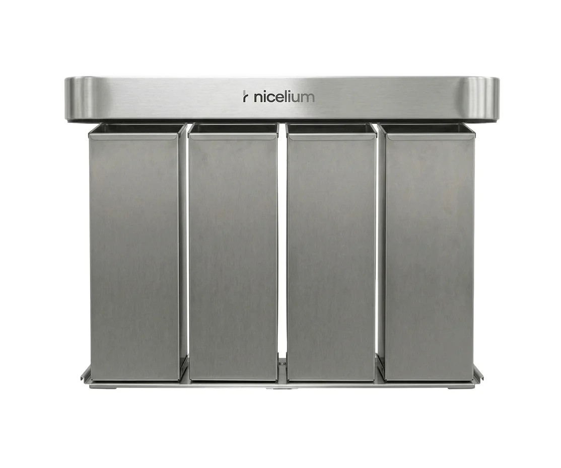 Nicelium stainless steel four-compartment rectangular recycling bin.