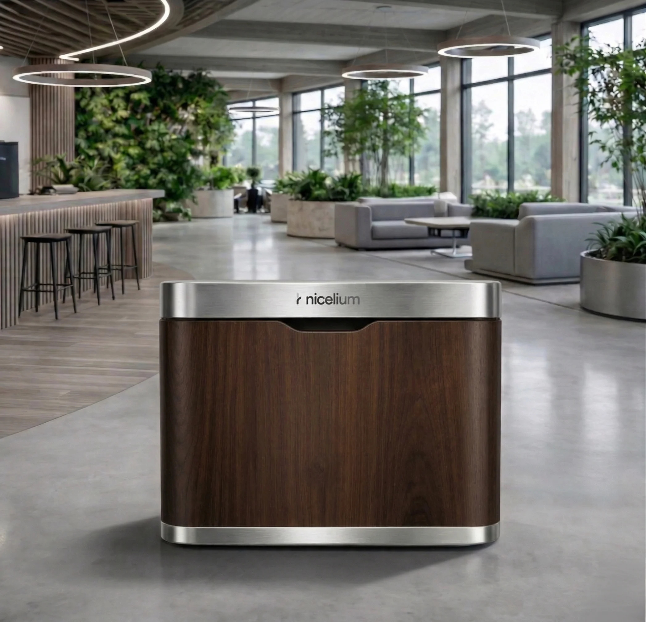 Modern indoor space with a Nicelium branded wooden and metal device placed on a polished concrete floor.