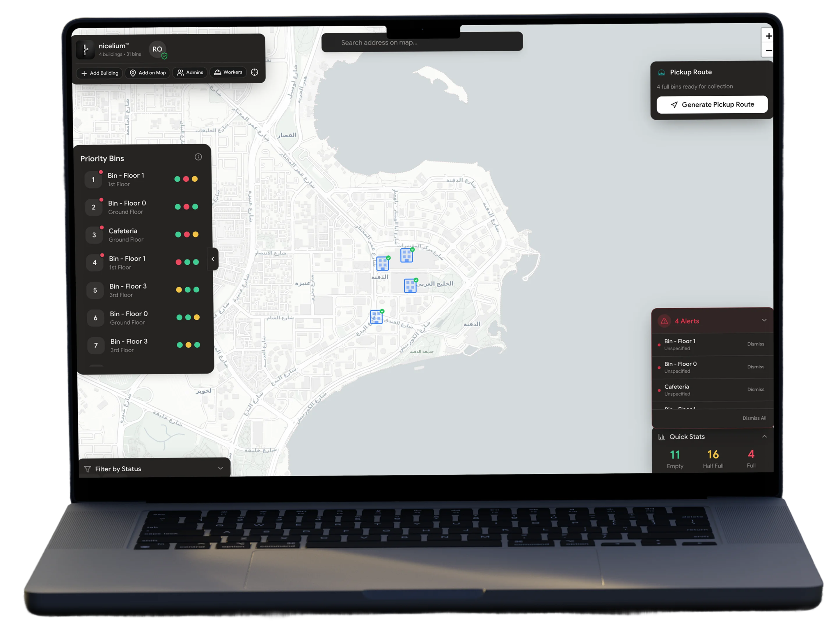 Laptop screen displaying a map interface for bin management with bins marked by blue icons and panels showing priority bins, alerts, and pickup route options.