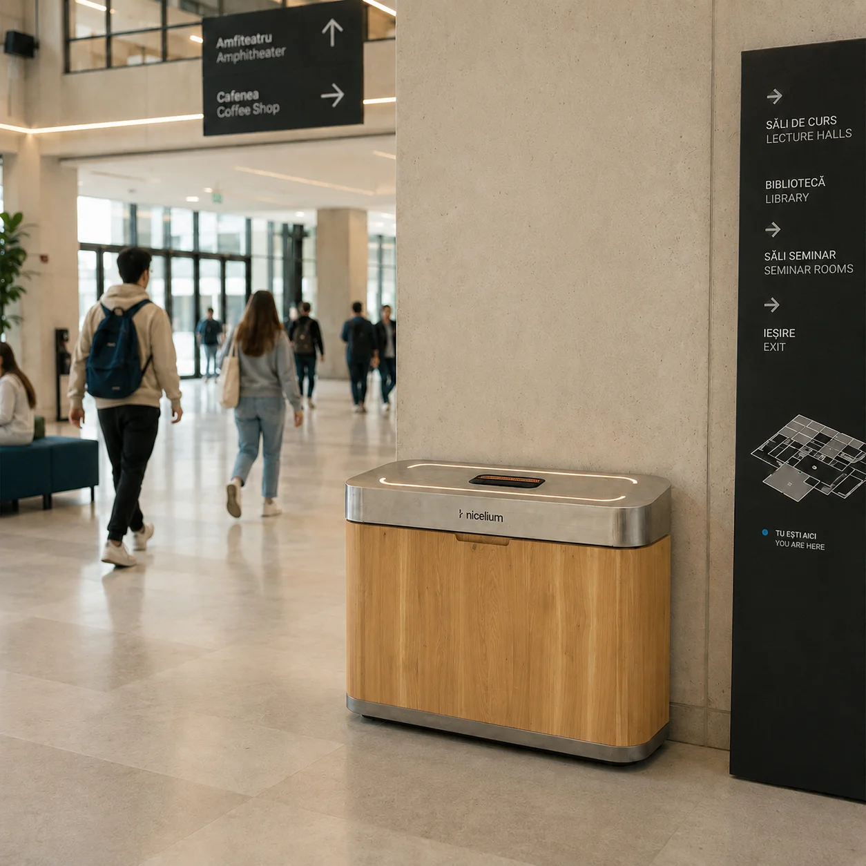 Modern university hall with students walking and a wooden recycling bin labeled Nicelium.