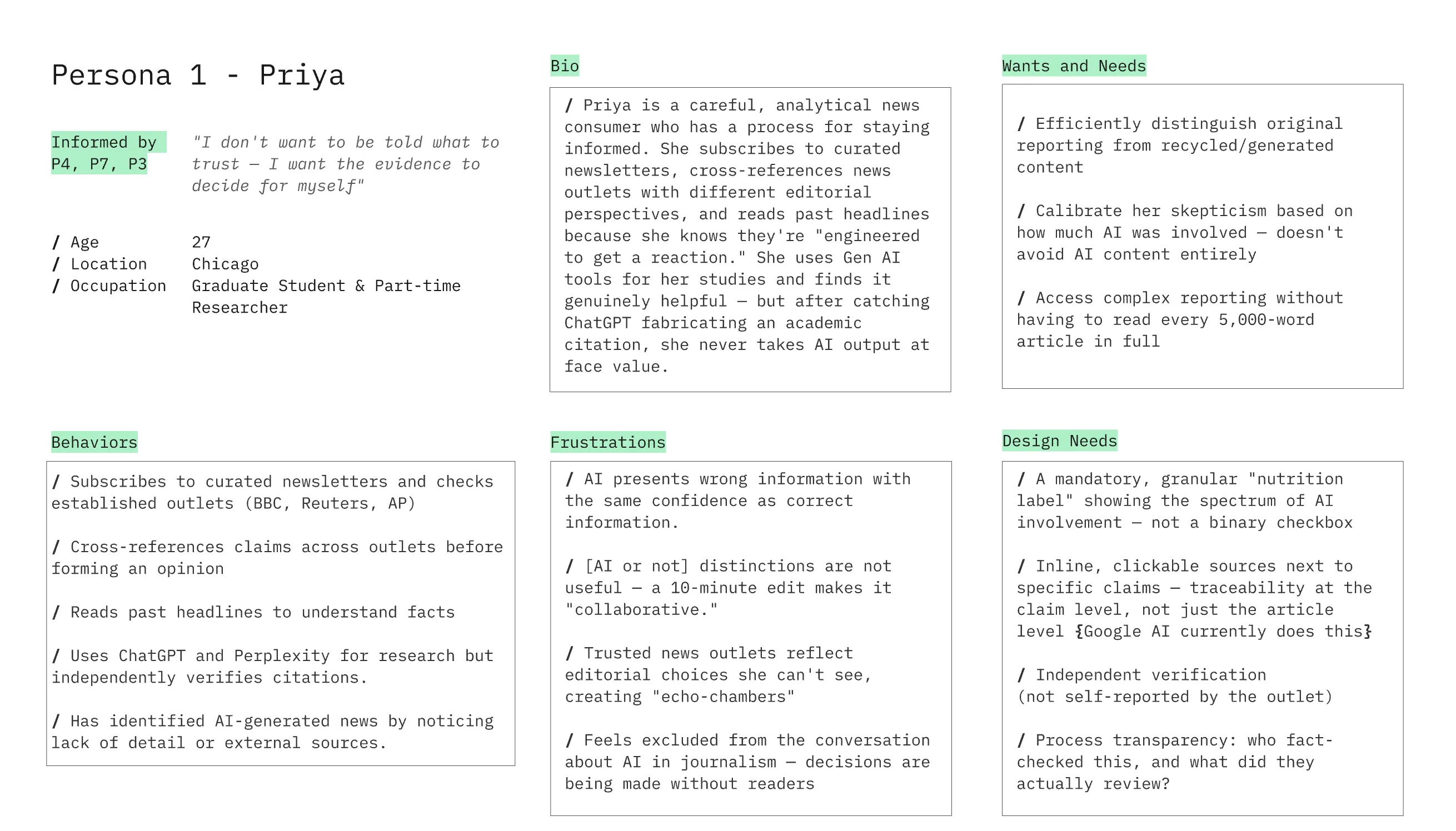 Persona card for Priya — Graduate Student and analytical news consumer