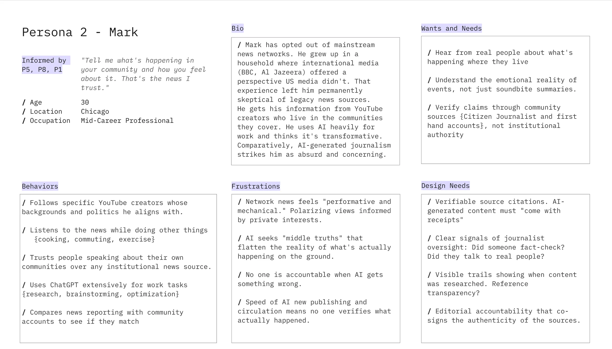 Persona profile for Mark, a 30-year-old mid-career professional from Chicago who distrusts legacy news brands, prefers YouTube creators from communities he trusts, uses AI for work, hears news through real people, and desires verifiable sources, journalist oversight, and transparency.
