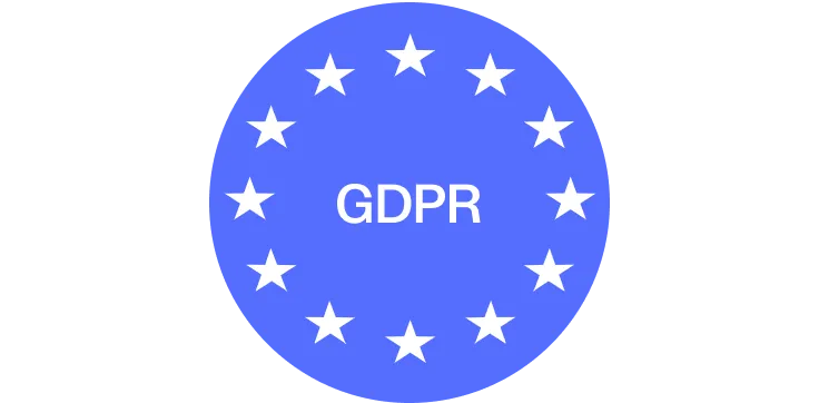 Blue circle with white stars arranged in a ring around the text GDPR in the center.