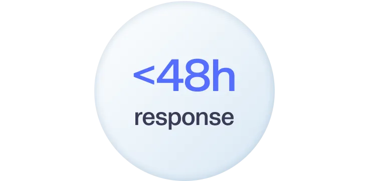 White circular graphic with text '<48h response' indicating response time under 48 hours.