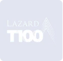 Lazard T100 logo with stylized triangular design on blue background.