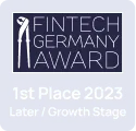 Fintech Germany Award logo with text '1st Place 2023 Later / Growth Stage' on a dark blue background.