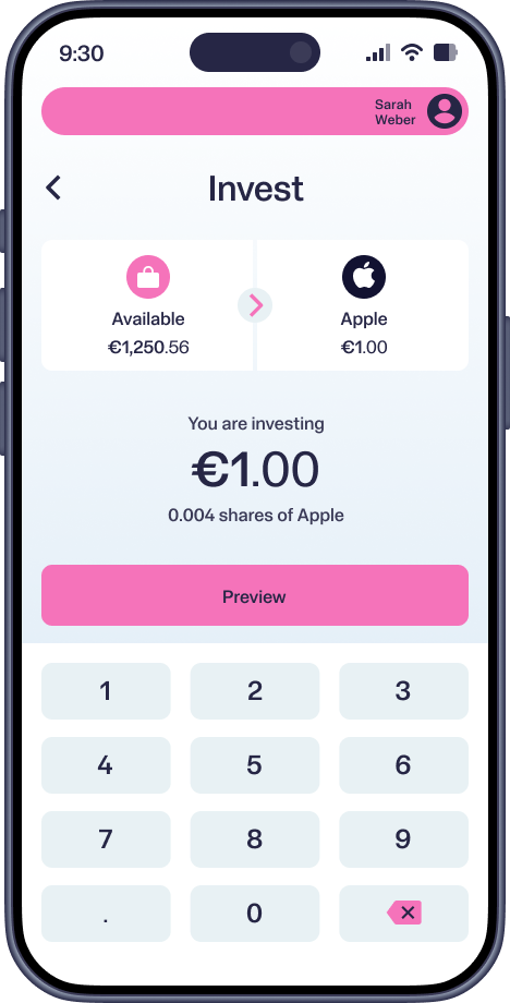 Mobile app screen titled Invest showing user investing €1.00 in 0.004 shares of Apple with €1,250.56 available balance and a numeric keypad for input.