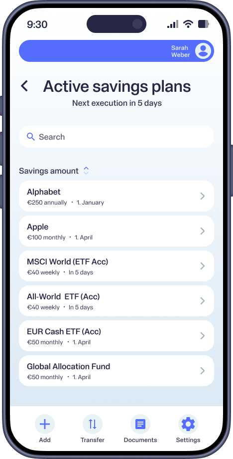Mobile app screen showing Sarah Weber's savings plans with details of amounts and execution dates, plus navigation icons for Add, Transfer, Documents, and Settings.