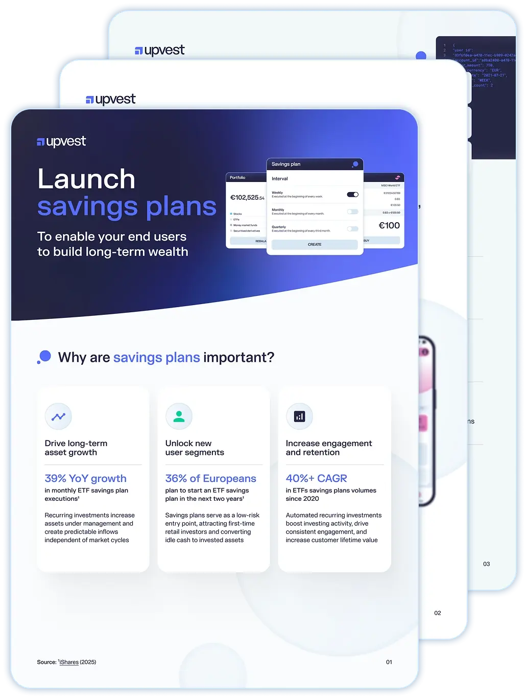 Infographic titled 'Launch savings plans' by Upvest explaining the importance of savings plans with sections on driving long-term asset growth, unlocking new user segments, and increasing engagement and retention.