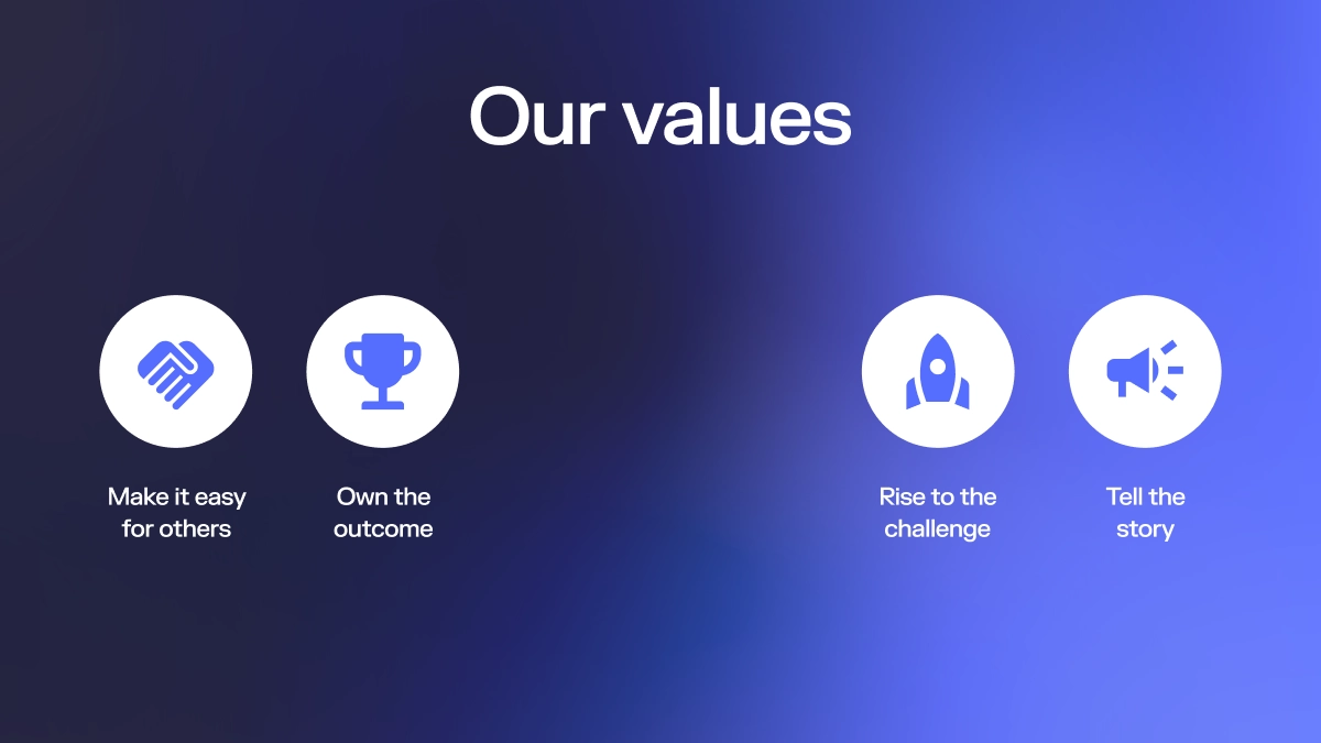 Graphic titled 'Our values' with four icons and values: handshake for 'Make it easy for others,' trophy for 'Own the outcome,' rocket for 'Rise to the challenge,' and megaphone for 'Tell the story.'