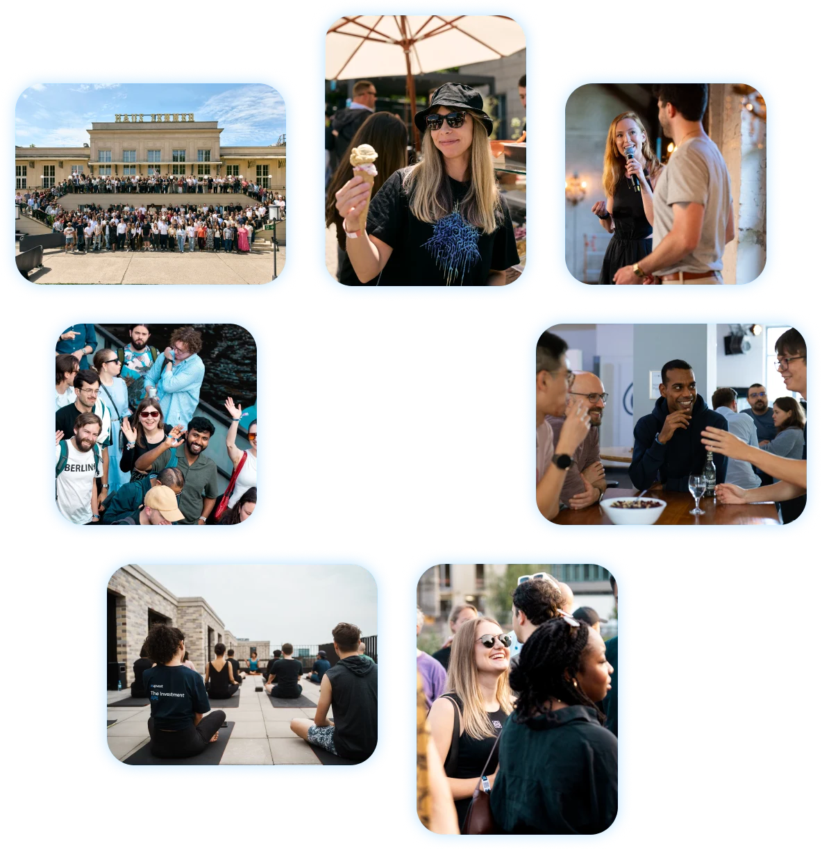 Collage of diverse people at work and social events, including group photo, presentations, and yoga.