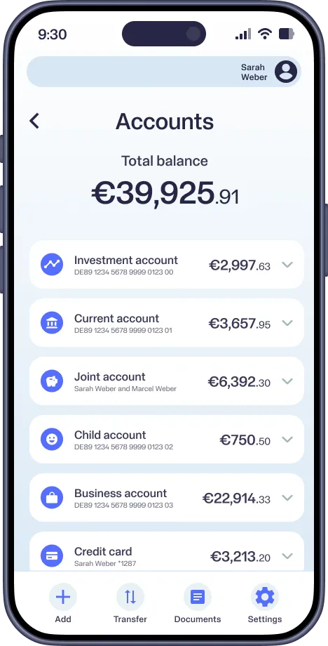 Mobile banking app showing Sarah Weber's accounts with total balance 39,925.91 euros and six account types.