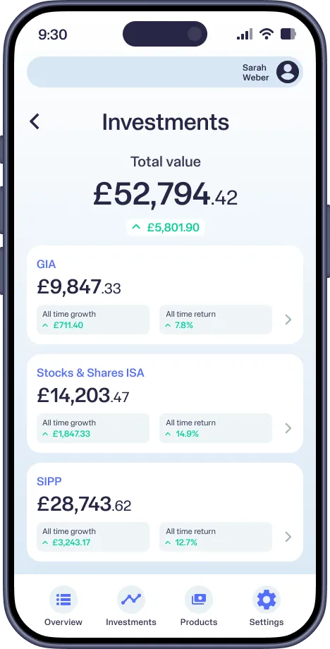 Mobile app screen showing investments total £52,794.42 with details for GIA, ISA, and SIPP accounts.