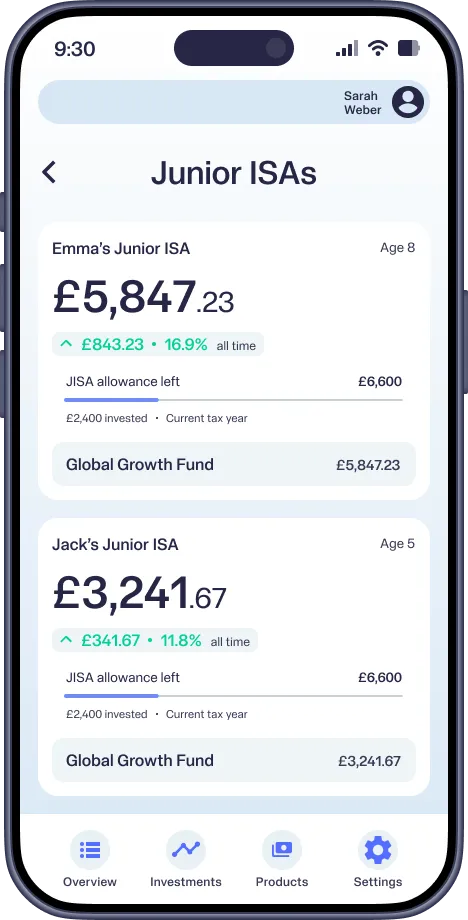 Mobile screen showing Junior ISAs for Emma and Jack with balances, growth, and investment details.