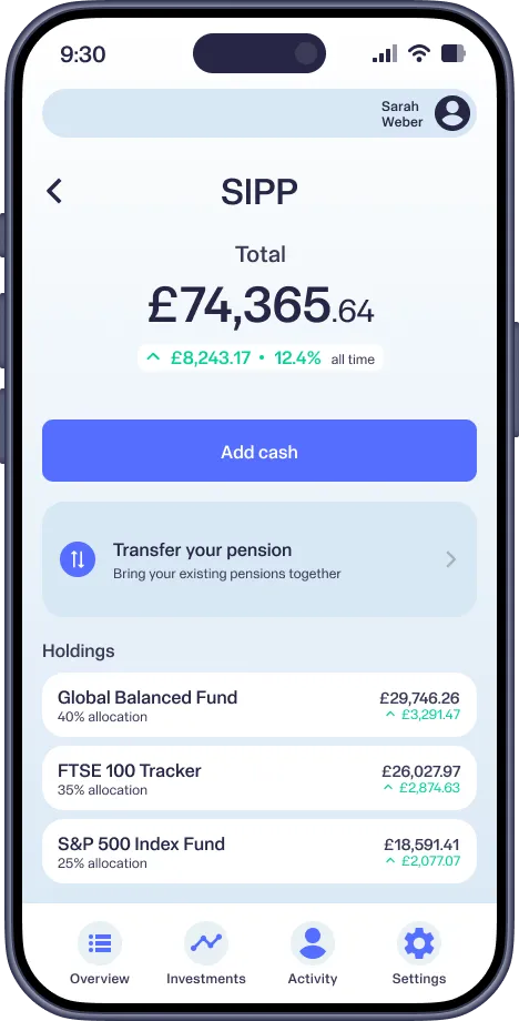 Mobile screen showing SIPP total £74,365.64 with fund allocations and gains, plus add cash option.
