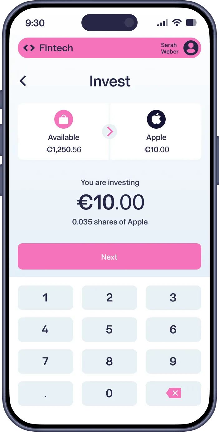 Investment app screen showing €1.00 invested in 0.004 shares of Apple from €1,250.56 available balance.