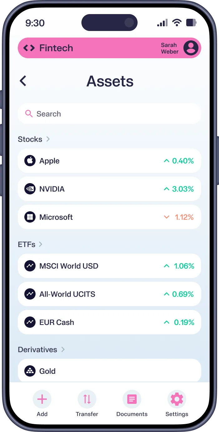 Mobile app screen showing user assets with stocks, ETFs, and derivatives listed with percentage changes.