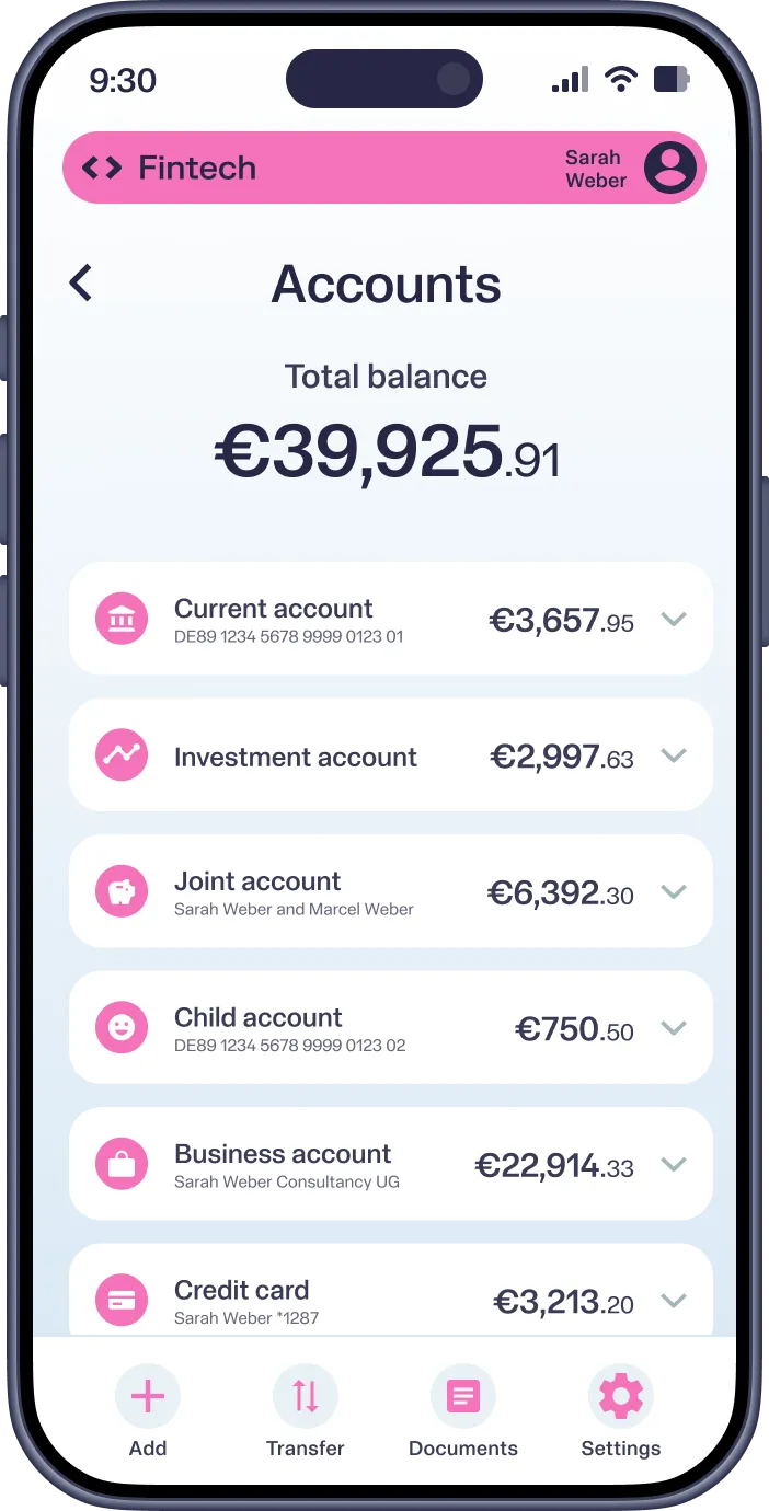Mobile banking app showing multiple accounts and total balance of €39,925.91 for user Sarah Weber.