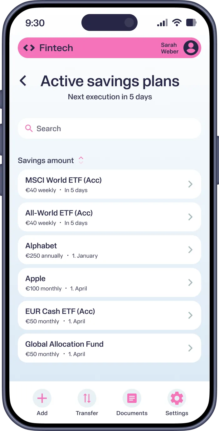 Mobile screen showing active savings plans with amounts, frequencies, and next execution dates, plus a search bar.