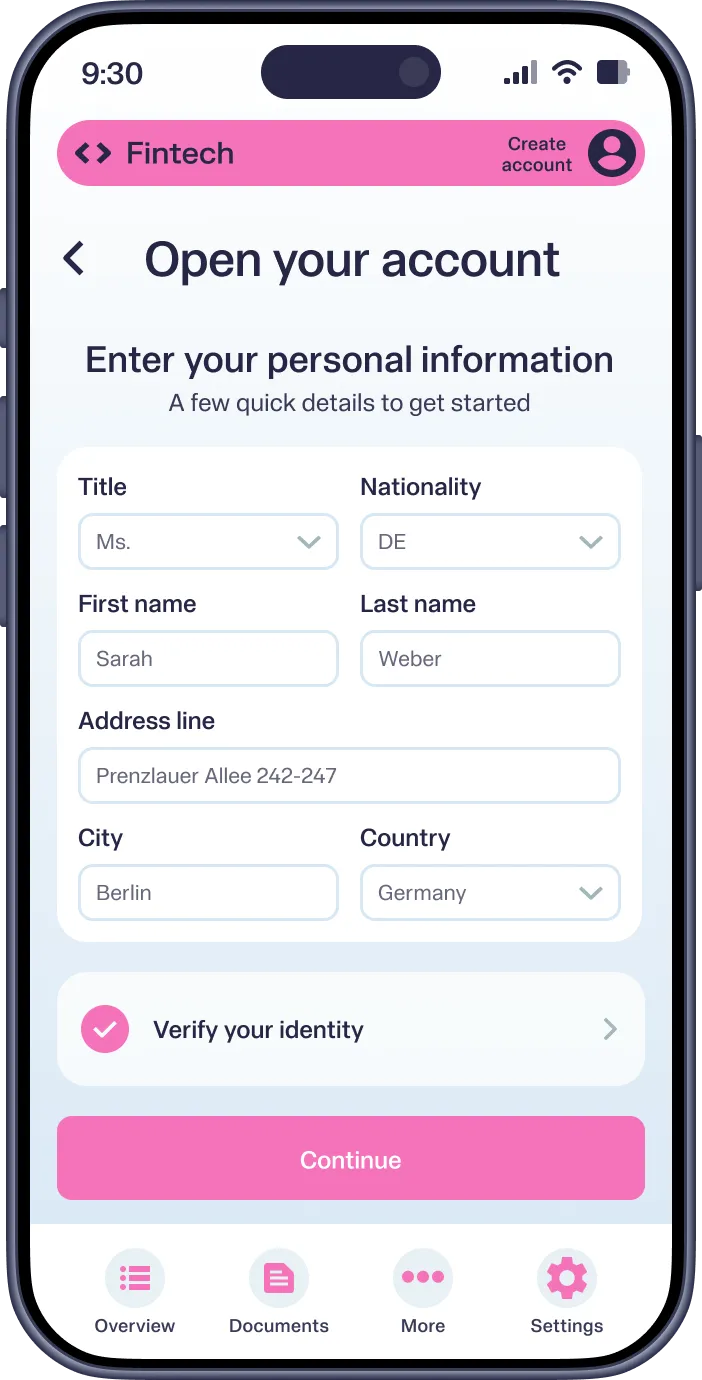 Mobile screen showing account opening form with personal info fields and verify identity step.