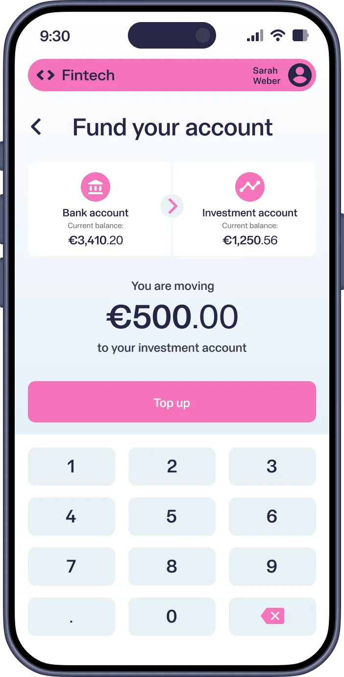 Mobile screen showing an app to transfer 500 euros from a bank to an investment account.