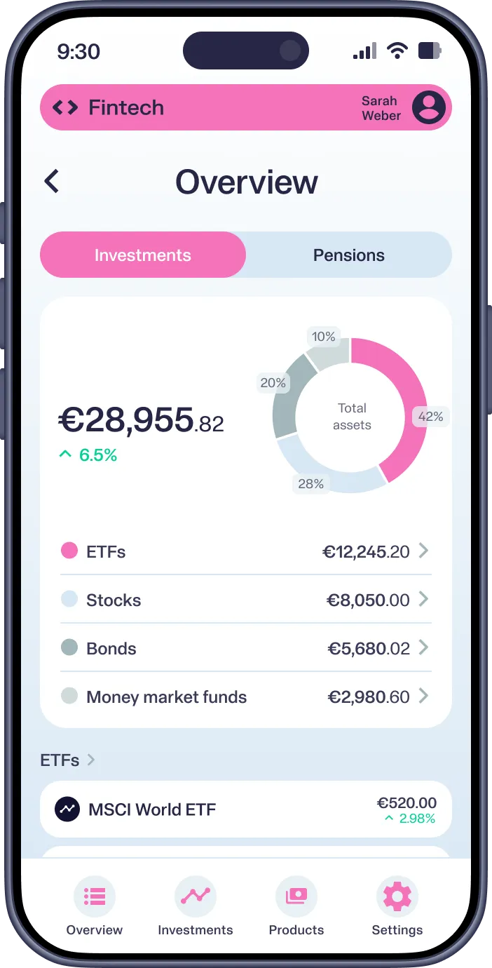 Smartphone screen showing investment portfolio with total assets €28,955.82 and asset allocation chart.