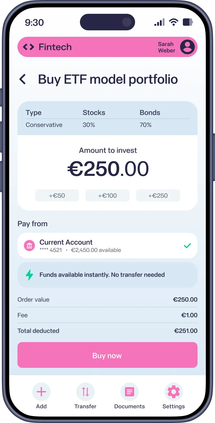 Mobile screen showing Buy ETF page with €250 investment in MSCI World ETF and payment from current account.