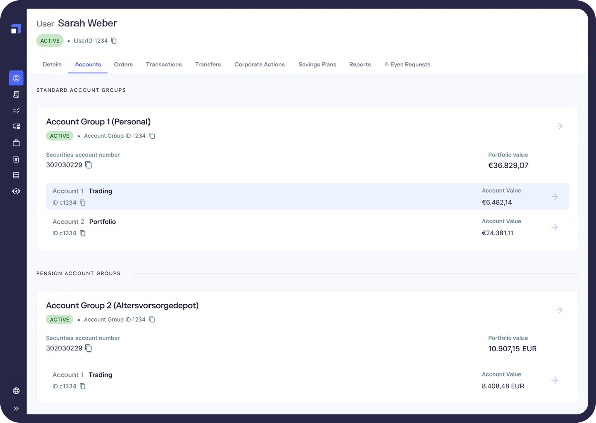 User Marcel Schwarz account overview showing active personal and pension account groups with portfolio and account values.