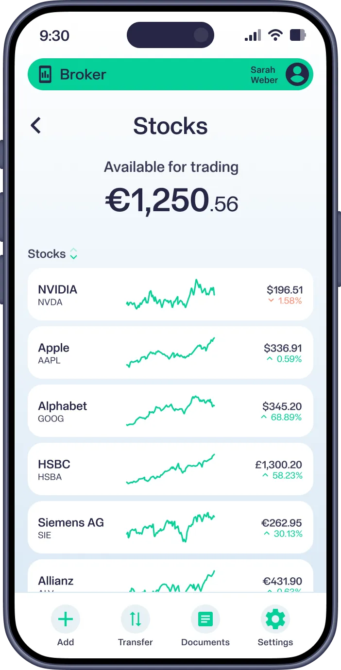 Mobile app screen showing stock prices and trends with total €1,250.56 available for trading.