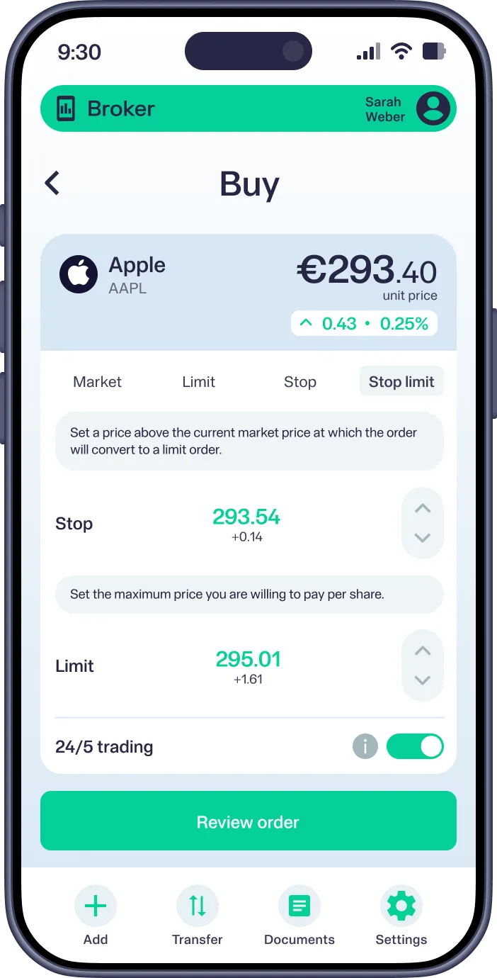 Mobile app screen showing Apple stock buy order with stop limit set between 293.54 and 295.01 euros.