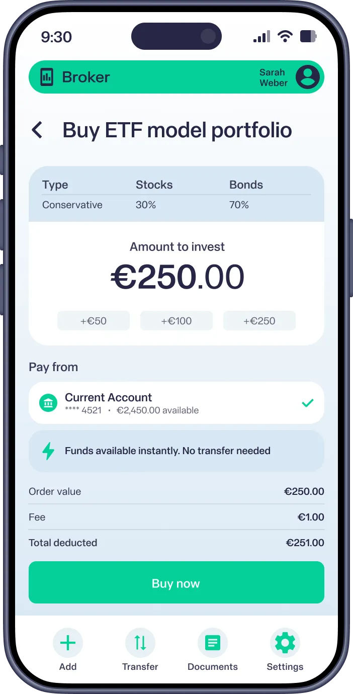 Mobile app screen showing buying a conservative ETF portfolio with 30% stocks, 70% bonds, investing €250.
