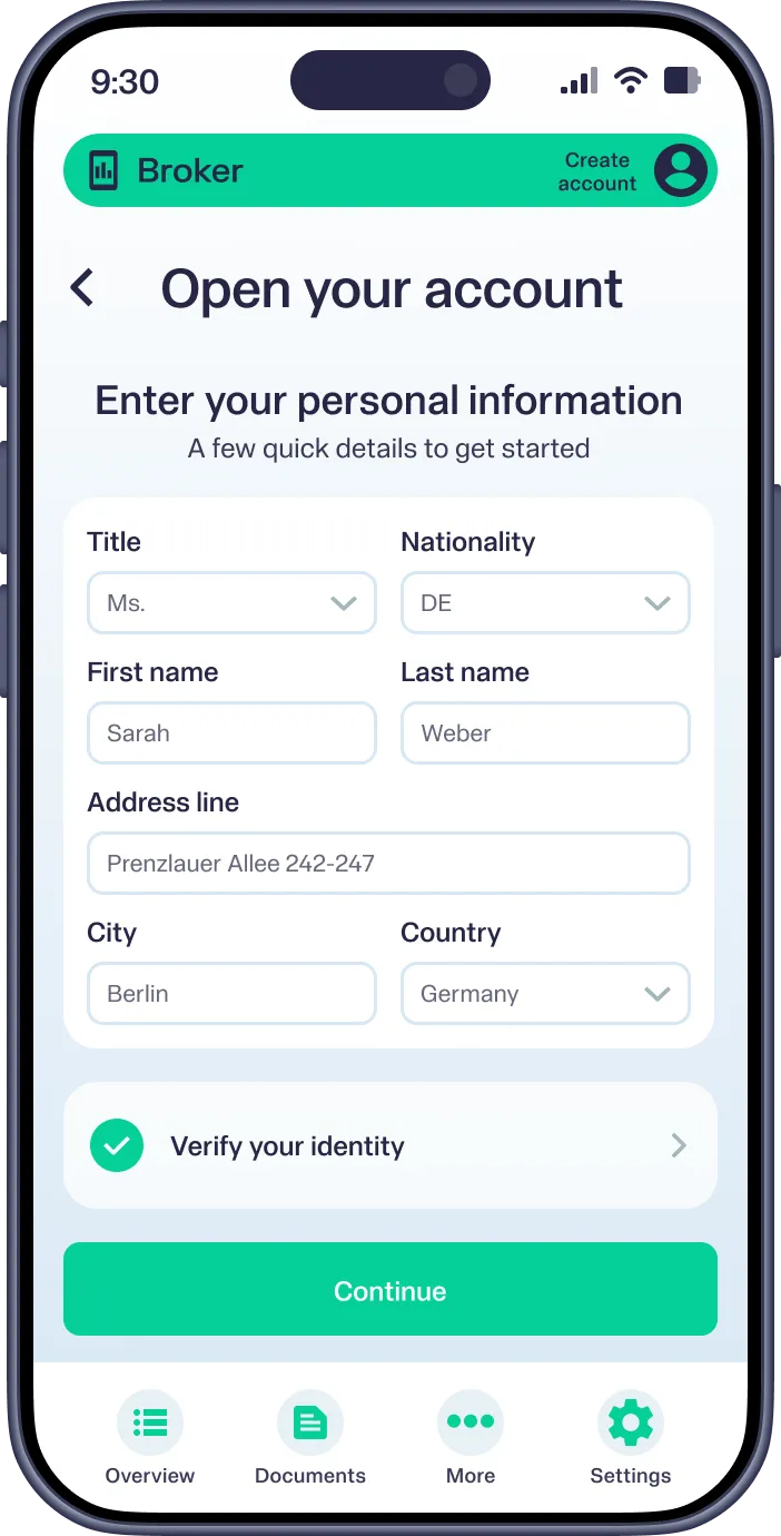 Mobile screen showing account opening form with personal info fields and buttons on a broker app.