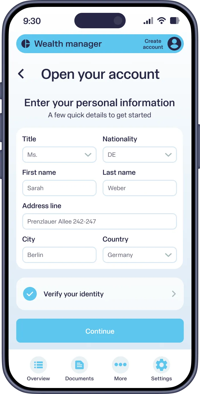 Mobile screen showing account opening form with personal info fields and 'Verify your identity' option.