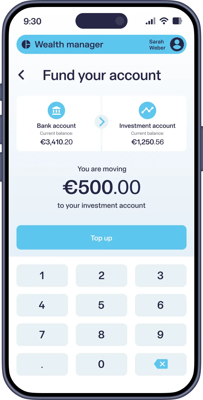 Mobile app screen showing transfer of €500 from bank to investment account with balances and keypad.