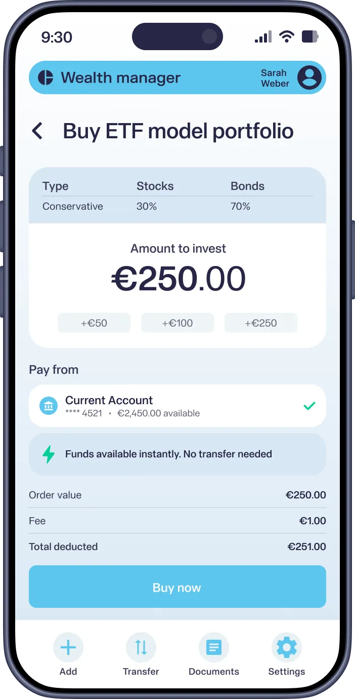 Mobile app screen to buy conservative ETF portfolio with €250 investment from current account balance.