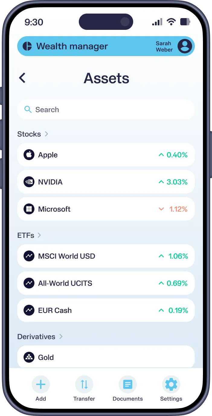 Mobile screen showing wealth manager app with stock, ETF, and derivative asset values and navigation icons.