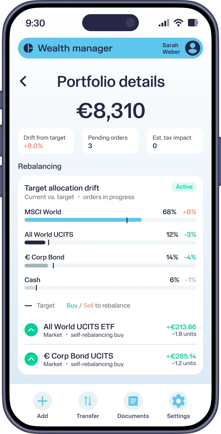Mobile screen showing portfolio details with value, target allocation drift, and rebalance orders.