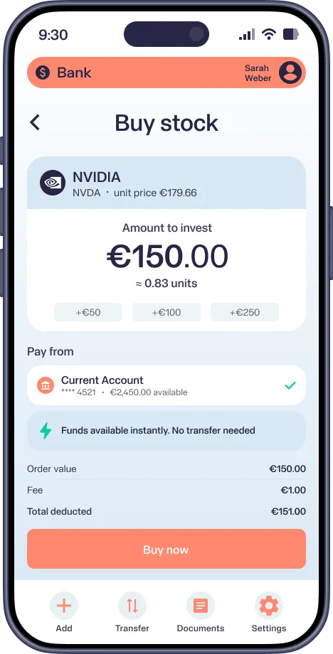 Mobile app screen for buying NVIDIA stock with 150 euros from current account and a one euro fee.