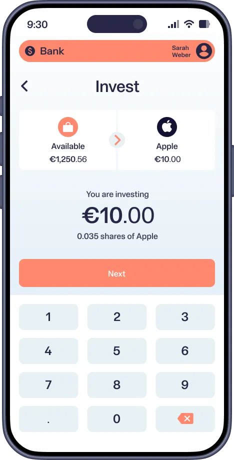Mobile app screen showing €10 investment in 0.035 shares of Apple from €1,250.56 available balance.