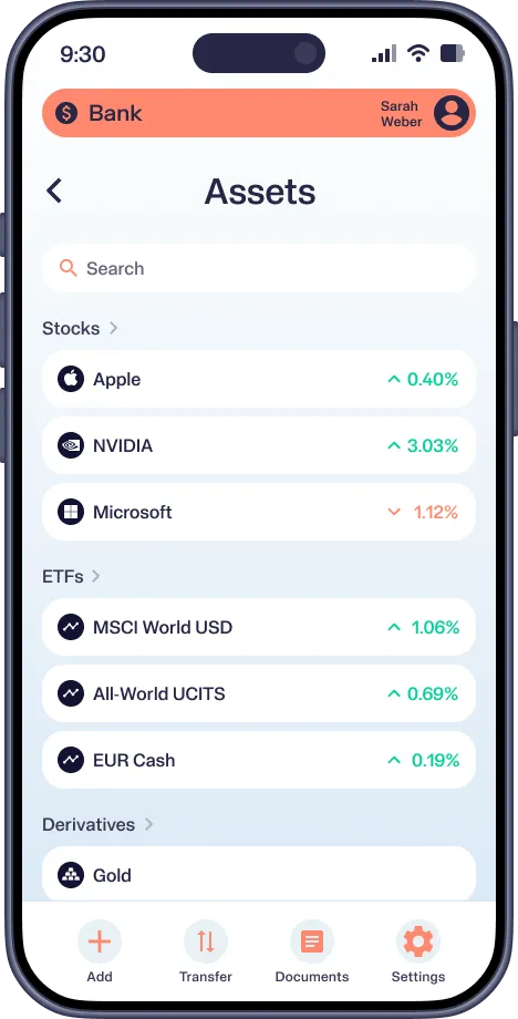 Mobile screen showing bank app assets with stock, ETF, and derivative listings and performance percentages.