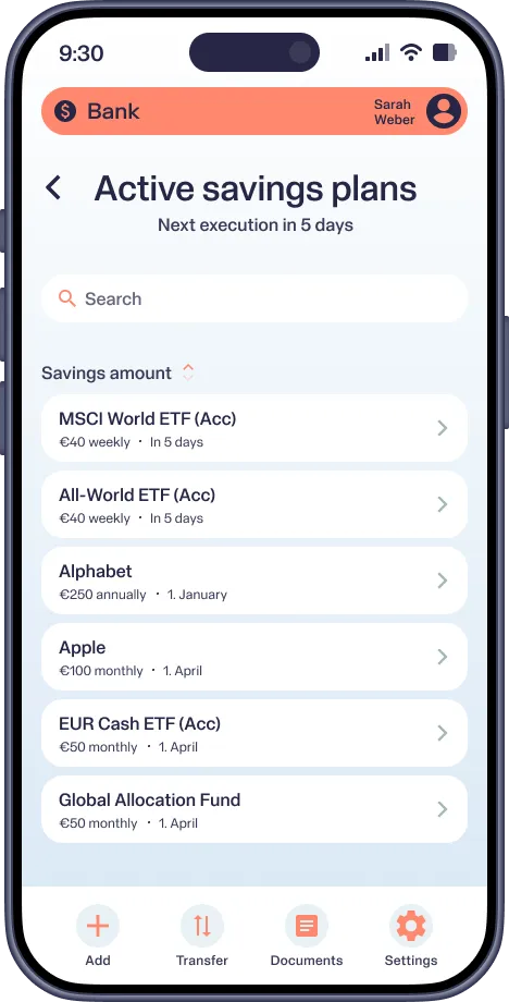 Mobile screen showing active savings plans with amounts and dates, plus options to add, transfer, or settings.